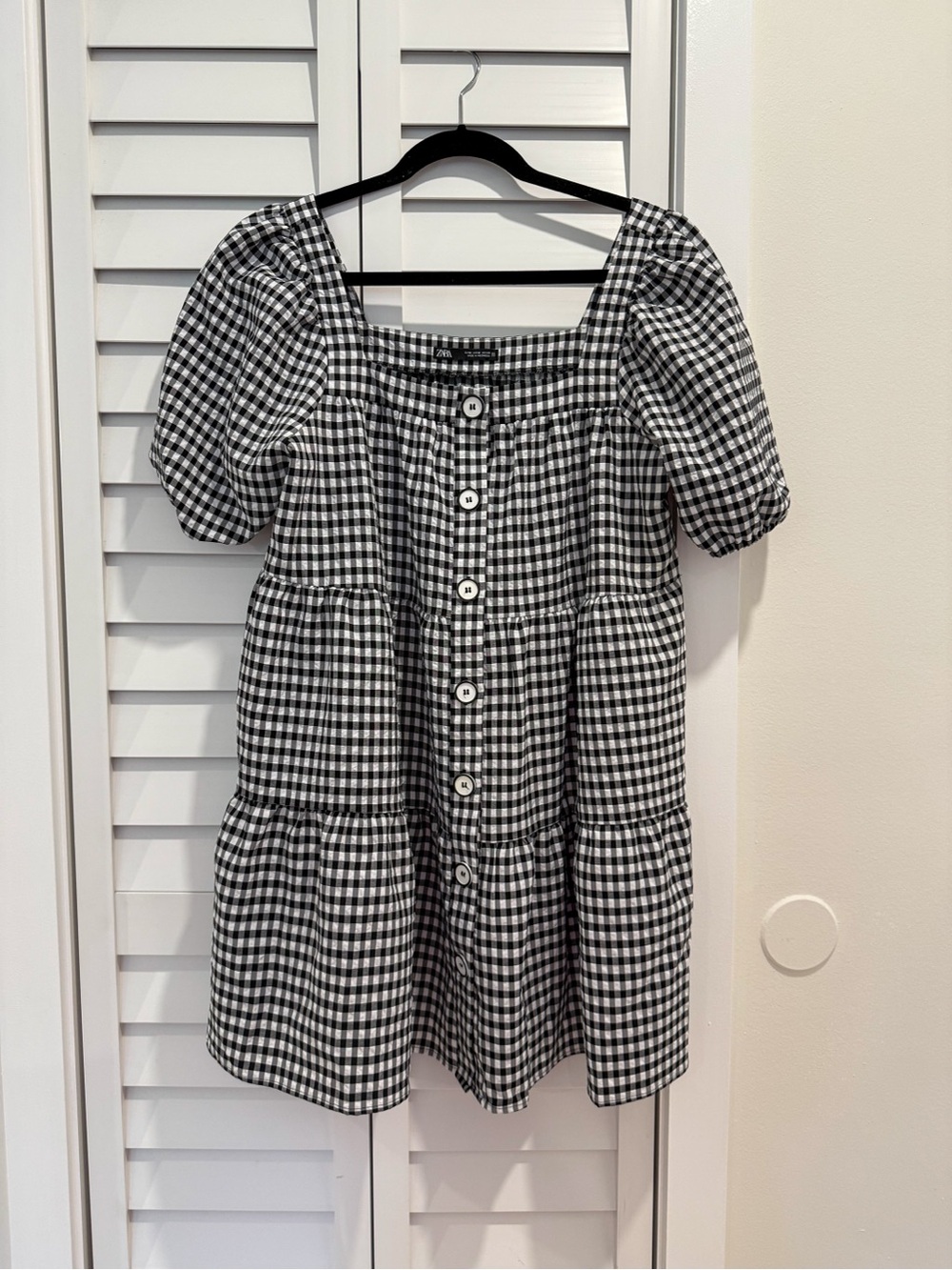 Zara Gingham Tiered Mini Dress Black White Women Medium